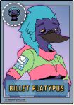  billet_platypus breasts card clothing craft_rabbit_(artist) english_text female hi_res hoodie jacket mammal monotreme patch_(fabric) patchfix_fox_(artist) piercing platypus portrait smile solo text tired_eyes topwear trample_path under_boob 