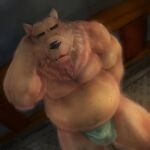  1:1 2021 anthro belly black_nose brown_bear brown_body brown_fur bulge clothing cute_fangs eyes_closed fur grizzly_(shirokuma_cafe) grizzly_bear hi_res kemono laohu male mammal moobs overweight overweight_male shirokuma_cafe sitting solo underwear ursid ursine 