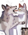  2021 canid canine canis digital_media_(artwork) duo feral flashw fur grey_body grey_fur mammal open_mouth paws teeth tongue wolf yellow_eyes 