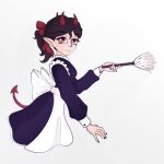  1:1 abstract_background accessory black_hair clothed clothing demon demon_humanoid devil_horns_(disambiguation) dress female hair hair_accessory hair_ribbon humanoid humanoid_pointy_ears kineris_(artist) kineris_(character) looking_at_viewer maid_apron maid_uniform maiddress not_furry red_eyes ribbons solo spade_tail succubus uniform white_body white_skin 