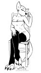  2020 anthro breasts chair claws clothing crossed_legs ear_piercing ear_ring female fur furniture greyscale kangaroo kangy_(tegerio) legwear macropod mammal marsupial monochrome mostly_nude navel piercing sitting solo tegerio thigh_highs toe_claws 