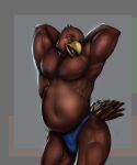  2018 5:6 accipitrid accipitriform anthro avian beak belly biceps big_belly big_pecs bird blue_eyes brown_body brown_eyebrows brown_feathers brown_nipples brown_tail bulge clothed clothing digital_media_(artwork) digital_painting_(artwork) eagle eyebrows feathers front_view grey_background hands_behind_back male musclegut muscular muscular_anthro muscular_male muscular_thighs navel nipples open_beak open_mouth open_smile overweight overweight_anthro overweight_male pecs pink_tongue pinup pose quads shaded simple_background skimpy smile solo speedo swimwear tail_feathers thick_thighs tongue topless triceps yellow_beak zyyphelze 