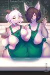  absurd_res anthro apron apron_only big_breasts blush bodily_fluids bovid breasts canid canine caprine cinnabar_(crunchobar) clothed clothing coffee_cup coffee_shop conditional_dnp container crunchobar cup digital_media_(artwork) duo female female/female fur goat green_apron hair hi_res i_mean_breast_milk kemono lactating looking_at_viewer mammal meme milk mostly_nude nipples partially_clothed skulkers sora_(skulkers) text 