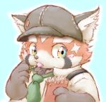  2021 ailurid anthro biped black_body black_fur blush clothing fur hat headgear headwear humanoid_hands kemono lifewonders male mammal necktie orange_body orange_fur phantmail8 portrait red_panda shirt simple_background solo tokyo_afterschool_summoners topwear video_games zhurong_(tas) 