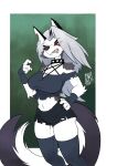  2021 anthro border bottomwear breasts canid canid_demon canine canis clothing collar demon ear_piercing ear_ring female hellhound helluva_boss loona_(helluva_boss) mammal navel piercing sharp_teeth shorts solo spiked_collar spikes teeth white_border wolf zwitterkitsune 