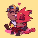  &lt;3 1:1 animal_crossing anthro beaver black_clothing black_topwear bottomwear brown_body brown_fur buckteeth c.j._(animal_crossing) chameleon clothing duo embrace eyes_closed flick_(animal_crossing) fur hi_res hug lizard male male/male mammal nintendo pants piercing red_body red_bottomwear red_clothing red_pants reptile rodent scalie smile stellizard teeth topwear video_games 