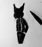  2021 anthro cheek_tuft clothed clothing ear_tuft facial_tuft felid feline fully_clothed head_tuft hi_res inktober inktober_2021 lynx male mammal marc_(theblueberrycarrots) monochrome signature solo suit theblueberrycarrots traditional_media_(artwork) tuft 