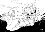  4_toes anthro barefoot bikini breasts canid canine canis claws clothing diving diving_mask feet female mammal mask monochrome okane_akemi pawpads paws plantigrade powree soles solo swimwear toes underwater water wolf 