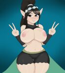  absurd_res areola big_breasts breasts clothed clothing double_v_sign elf female g3mma gesture hi_res huge_breasts humanoid humanoid_pointy_ears looking_at_viewer nipples not_furry paladins solo topless v_sign ying_(paladins) 
