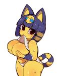  animal_crossing ankha_(animal_crossing) anthro big_breasts blue_hair bodily_fluids breasts brown_eyes clothing domestic_cat exposed_breasts felid feline felis female fukurou0807 fur hair hi_res holding_breast looking_at_viewer mammal mouth_hold nintendo panties short_stack solo sweat thick_thighs underwear uraeus video_games yellow_body yellow_fur 