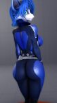  3d_(artwork) 9:16 anthro big_butt blue_body bottomwear breasts butt butt_pose canid canine clothing collar cynical_(artist) digital_media_(artwork) female fox hair hi_res krystal looking_at_viewer mammal nintendo pose simple_background solo star_fox tailless tattoo underwear video_games wide_hips 