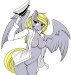  alpha_channel anthro big_breasts breasts clothed clothing derpy_hooves_(mlp) equid equine female friendship_is_magic genitals hasbro hat headgear headwear hi_res holding_clothing holding_hat holding_headgear holding_headwear holding_object looking_aside mammal my_little_pony open_clothing open_shirt open_topwear pegasus portrait pussy shirt simple_background solo spread_wings three-quarter_portrait topwear uniform up1ter wings 
