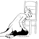  2020 anthro breasts butt chair claws clothing ear_piercing ear_ring eyes_closed female furniture greyscale kangaroo kangy_(tegerio) laugh legwear macropod mammal marsupial monochrome nude piercing pouch_(anatomy) rear_view solo tegerio thigh_highs 