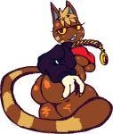 animal_crossing anthro big_breasts big_butt blonde_hair blue_tongue bottomless breasts brown_body butt clothed clothing digital_media_(artwork) domestic_cat fangs felid feline felis female fur gold_(metal) gold_jewelry hair hi_res jacket jewelry katt_(animal_crossing) looking_at_viewer mammal nintendo open_mouth simple_background solo thick_thighs tongue topwear video_games wide_hips wolflance yellow_eyes 