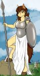  2021 anthro armor brown_eyes brown_hair cloud detailed_background equid equine female hair hi_res holding_object holding_shield holding_spear holding_weapon hooves looking_at_viewer mammal melee_weapon minerva_(pammely_sourimoor) outside pauldron polearm rock rockonvelzmor shield smile solo spear warrior weapon 