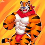  1:1 2021 abs anthro big_muscles bulge character_name clothing felid frosted_flakes jockstrap kellogg&#039;s looking_at_viewer male mammal mascot muscular muscular_anthro muscular_male navel neckerchief nelsontheshark nipples open_mouth open_smile orange_background pantherine pecs signature simple_background smile solo standing tiger tony_the_tiger underwear whiskers yellow_background 