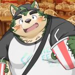  1:1 2021 anthro black_nose blush canid canine canis clothing cute_fangs domestic_dog fur green_body green_fur hat headgear headwear humanoid_hands inside kemono lifewonders live-a-hero male mammal mokdai overweight overweight_male puss3250 shirt solo topwear video_games 
