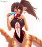  5_fingers anthro big_breasts breasts cleavage cleavage_cutout clothed clothing female fin fingers fish hi_res marine navel navel_cutout non-mammal_breasts one-piece_swimsuit red_eyes shark simple_background slim smile solo swimwear white_background xaenyth 