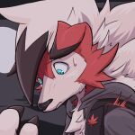  1:1 anthro black_nose blue_eyes bodily_fluids chest_tuft claws clothing dipstick_ears dipstick_hair finger_claws floppy_ears fur fur_growth growth hi_res implied_transformation looking_at_self lycanroc male mammal midnight_lycanroc multicolored_ears nintendo pok&eacute;mon pok&eacute;mon_(species) red_body red_fur shaded solo sweat torn_clothing toshabi tuft video_games white_body white_fur 