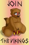  2013 anthro belly blush brown_body brown_fur canid canine english_text fur hi_res male mammal moobs neenya overweight overweight_male oxiel_(character) raccoon_dog solo tanuki text viking_helmet 