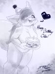  2021 anthro belly birthday_hat black_and_white blue_and_white breasts cake canid canine dessert female food gingy_k_fox looking_at_viewer mammal monochrome sketch 