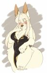  2021 aki_(teranen) anthro anubian_jackal big_breasts black_clothing breasts by canid canine canis clothing digital_media_(artwork) eyes_closed female full-length_portrait fur gift hi_res jackal mammal portrait red_cheeks samagram93 seductive smile solo thick_thighs white_body white_fur 