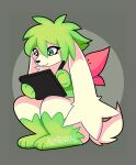  alistorial anthro border creating_art digital_media_(artwork) drawing_tablet elia_(alistorial) female fur green_eyes grey_border hi_res legendary_pok&eacute;mon mammal nintendo paws pok&eacute;mon pok&eacute;mon_(species) shaymin simple_background sky_forme_shaymin solo video_games watermark white_body white_fur 