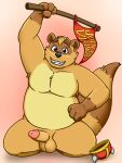  2021 anthro balls belly black_nose brown_body brown_fur canid canine english_text erection fur genitals hi_res humanoid_genitalia humanoid_hands humanoid_penis male mammal neenya overweight overweight_male oxiel_(character) penis raccoon_dog simple_background solo tanuki text viking_helmet 