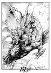  2016 absurd_res chaos-draco claws dragon duo feral hi_res horn membrane_(anatomy) membranous_wings monochrome open_mouth scales scalie spines teeth tongue traditional_media_(artwork) western_dragon wings 