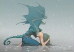  animal_humanoid blue_tail blue_wings chimera clothed clothing demizuposuka dragon dragon_humanoid female humanoid kneeling raining reflection simple_background solo watermark wings 