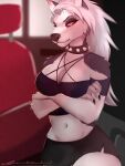  2021 3:4 absurd_res airamdenhial anthro bottomwear breasts canid canid_demon canine canis clothing collar crossed_arms demon female fur hellhound helluva_boss hi_res looking_at_viewer loona_(helluva_boss) mammal navel shorts signature solo spiked_collar spikes wolf 