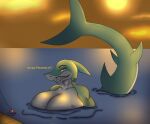  anthro big_breasts breasts dialogue duo female fish fishing kelly(photolol.03) looking_at_another male male/female marine partially_submerged photolol.03 river shark shark_tail simple_background smile spanish_text sunset text translated water 
