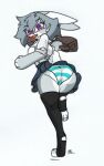  anthro bag blush bottomwear butt butt_pose clothed clothing disney female food food_in_mouth fur grey_body grey_fur grey_hair hair holding_object judy_hopps lagomorph legwear leporid looking_at_viewer looking_back mammal miniskirt pace-maker panties pattern_bottomwear pattern_clothing pattern_panties pattern_underwear pose purple_eyes rabbit rear_view running simple_background skirt solo striped_bottomwear striped_clothing striped_panties striped_underwear stripes thigh_highs toeless_legwear underwear upskirt white_background zootopia 