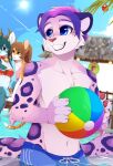  anthro big_tail cervid chest_tuft christmas clothing domestic_cat drewby_(drewby) felid feline felis fluffy fluffy_tail fur girly hi_res holidays male mammal pantherine pawpads paws pink_body pink_fur purple_body purple_fur shirtless shirtless_male slim smile snow_leopard swimwear tiaamaito tuft water wet wet_body wet_fur 