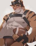  abs anthro ball bandage brown_body brown_eyes brown_fur brown_hair brown_stripes bulge clothing felid feline football_(ball) fur gloves hachi_duchi hair handwear harness hat headgear headwear hi_res leather leather_clothing leather_harness looking_at_viewer male mammal muscular muscular_male nipple_piercing nipples orange_body orange_fur pecs piercing simple_background solo striped_body striped_fur stripes underwear white_background 