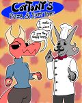  4:5 anthro burgerpocalypse canid canine canis chef chef_hat clothed clothing coyote dialogue duo facial_hair fake_advertisement female fully_clothed fur gesture grey_body grey_fur hat headgear headwear hi_res horn humor italian_stereotypes kobold male mammal mustache pinched_fingers pixelated pointing pointing_at_viewer red_body red_scales scales smile sweater topwear turtleneck_sweater 