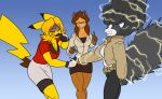  anthro bottomwear breasts brown_clothing brown_jacket brown_topwear cikyla clothed clothing electric_shock eyes_closed female fluffy fluffy_tail group hair humor jacket laugh mammal mephitid nintendo pain pikachu pok&eacute;mon pok&eacute;mon_(species) poofy_hair rachel_chu raichu red_clothing red_topwear rodent simple_background skirt skunk topwear toughset video_games wide_eyed 