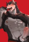  abs accessory anthro balls blush bodily_fluids canid canine canis clothed clothing cock_ring erection foreskin genitals hachi_duchi hair hi_res inviting jewelry kemono looking_at_viewer male male/male mammal muscular muscular_male nipple_piercing nipples open_clothing open_mouth open_shirt open_topwear pecs penis penis_accessory penis_jewelry piercing pubes red_background shirt simple_background smile solo topwear 