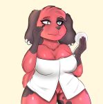  animal_crossing anthro applying_makeup breasts canid canine canis cherry_(animal_crossing) domestic_dog ear_piercing female frostyphox genitals jewelry makeup mammal nintendo personal_grooming piercing pussy simple_background slightly_chubby solo towel towel_wrap video_games 