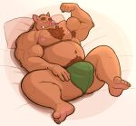  2021 absurd_res anthro bed bedding bedding_background belly biceps big_bulge big_muscles blush body_hair bulge chest_hair clothing eyebrows flexing fur furniture hi_res huge_bulge huge_muscles lizard_soup looking_at_viewer lying male mammal musclegut muscular muscular_anthro muscular_male on_back on_bed one_eye_closed overweight overweight_anthro overweight_male pecs pillow pubes simple_background smile solo spread_legs spreading suid suina sus_(pig) thong tuft tusks underwear white_background wild_boar wink 
