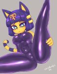  animal_crossing ankha_(animal_crossing) anthro big_breasts bodysuit breasts camel_toe clothing domestic_cat felid feline felis female frown grey_background hand_on_leg hi_res looking_at_viewer mammal nightlycatgirl nintendo rubber rubber_clothing rubber_suit simple_background skinsuit solo spread_legs spreading squish thigh_squish tight_clothing video_games 