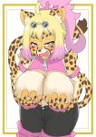  2021 ahoge anthro belly_tuft black_bottomwear black_clothing blonde_hair blue_eyes blush bottomwear breast_tuft breasts cheetah clothed clothing covering covering_breasts dipstick_tail elbow_tuft eyewear felid feline female front_view fur fur_tuft hair hand_on_breast hi_res holding_breast inner_ear_fluff iris looking_at_viewer mammal markings multicolored_hair multicolored_tail nishiki_(artist) open_mouth pink_clothing pupils shoulder_tuft solo spots spotted_body spotted_ears spotted_fur spotted_markings spotted_tail tail_markings tuft two_tone_hair white_pupils zipper 