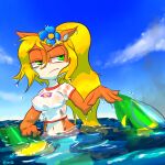  1:1 4_fingers accessory activision anthro bandicoot blonde_hair breasts clothing coco_bandicoot crash_bandicoot_(series) crop_top ema_npr female fingers flower flower_in_hair green_eyes hair hair_accessory hi_res mammal marsupial midriff navel plant shirt solo topwear video_games waterski wet wet_clothing wet_shirt wet_topwear 