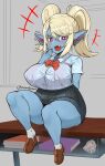  big_breasts blush bodily_fluids breasts clothed clothing female gaikiken huge_breasts humanoid humanoid_pointy_ears laugh league_of_legends looking_at_viewer nipple_outline not_furry open_mouth open_smile poppy_(lol) riot_games school_uniform sitting smile smirk snaggle_tooth solo sweat thick_thighs twintails_(hairstyle) uniform video_games yordle 