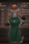  2021 2:3 3d_(artwork) 5_fingers alice_(gold97fox) anthro apron apron_only black_body black_fur blue_eyes canid canine cheek_tuft chest_tuft clothing container cup digital_media_(artwork) facial_tuft female fingers fox fur gold97fox green_apron green_clothing hi_res holding_cup holding_object holding_pen i_mean_breast_milk looking_at_viewer mammal meme menu mostly_nude orange_body orange_fur pen portrait red_fox solo source_filmmaker starbucks tuft white_body white_fur 