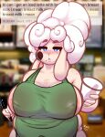  &lt;3 absurd_res anthro apron apron_only areola beauty_mark belly big_belly big_breasts biped bovid breasts caprine clothing coffee_cup container cookie_dough_(oc) cup curled_hair curvy_figure domestic_sheep english_text female fur green_apron hair hi_res i_mean_breast_milk iliekbuttz inverted_nipples male_(lore) mammal marker meme mostly_nude nipples obese obese_anthro overweight overweight_anthro sheep solo starbucks text unamused wide_hips wool_(fur) 