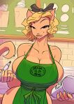  2021 accessory anthro apron apron_only beauty_mark bedroom_eyes big_breasts blonde_hair breasts brown_eyes cleavage clothed clothing coffee_cup conditional_dnp container cup english_text felid feline female fur glass green_apron hair hair_accessory hair_bow hair_ribbon huge_breasts i_mean_breast_milk jollyjack looking_at_viewer mammal marker meme mostly_nude narrowed_eyes ribbons seductive solo tan_body tan_fur text text_on_apron text_on_clothing wide_hips 