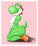  anthro athletic butt clothing dinosaur footwear frostyphox green_body green_yoshi hi_res kneeling male mammal mario_bros narrowed_eyes nintendo nude red_eyes reptile scalie shoes simple_background sitting smile solo spikes video_games yoshi yoshi_(character) 
