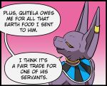  anthro beerus clothing comic comic_panel dialogue digital_media_(artwork) domestic_cat dragon_ball dragon_ball_super dragon_ball_z ear_piercing ear_ring english_text felid feline felis hairless hairless_cat jewelry looking_at_viewer male mammal piercing prismanoodle_(artist) simple_background smile solo sphynx_(cat) text 