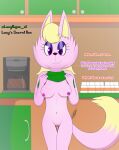  absurd_res anthro blonde_hair breasts canid canine canis english_text female genitals greeting hair hi_res lucy_rojas mammal pink_body purple_eyes pussy sattiaris text wolf 